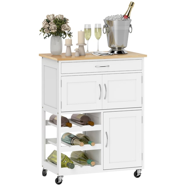 HOMCOM Îlot de Cuisine sur Roulettes avec Tiroir, Casier à Vin pour 9 Bouteilles, Blanc