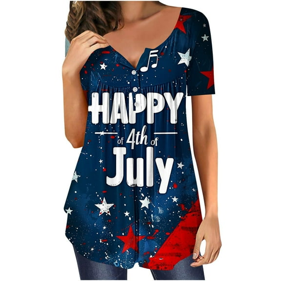Dianli Star Stripes Patriotic Going out Tops for Women Tunic V Neck Bohemian Loose Fit Short Sleeve Casual Tops Oversized Fourth of July Outfit Women Summer Saving Blue L