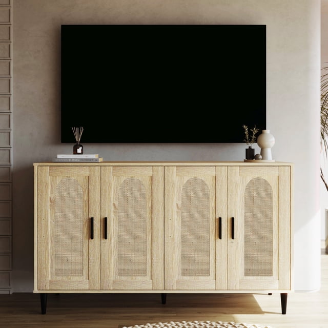 Buffet Storage Cabinet with Rattan Decorating Living Room Wood Kitchen Sideboard Accent Cabinet