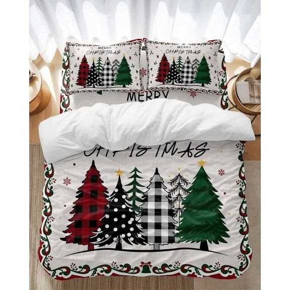 Merry Christmas Bedding Duvet Cover Set Full Size 4 Pieces Green Black Xmas Tree Red Floral Border Bedding Set with Zipper Closure, 1 Comforter Cover 86x86 Inches 1 Flat Sheet & 2 Pillow Cases