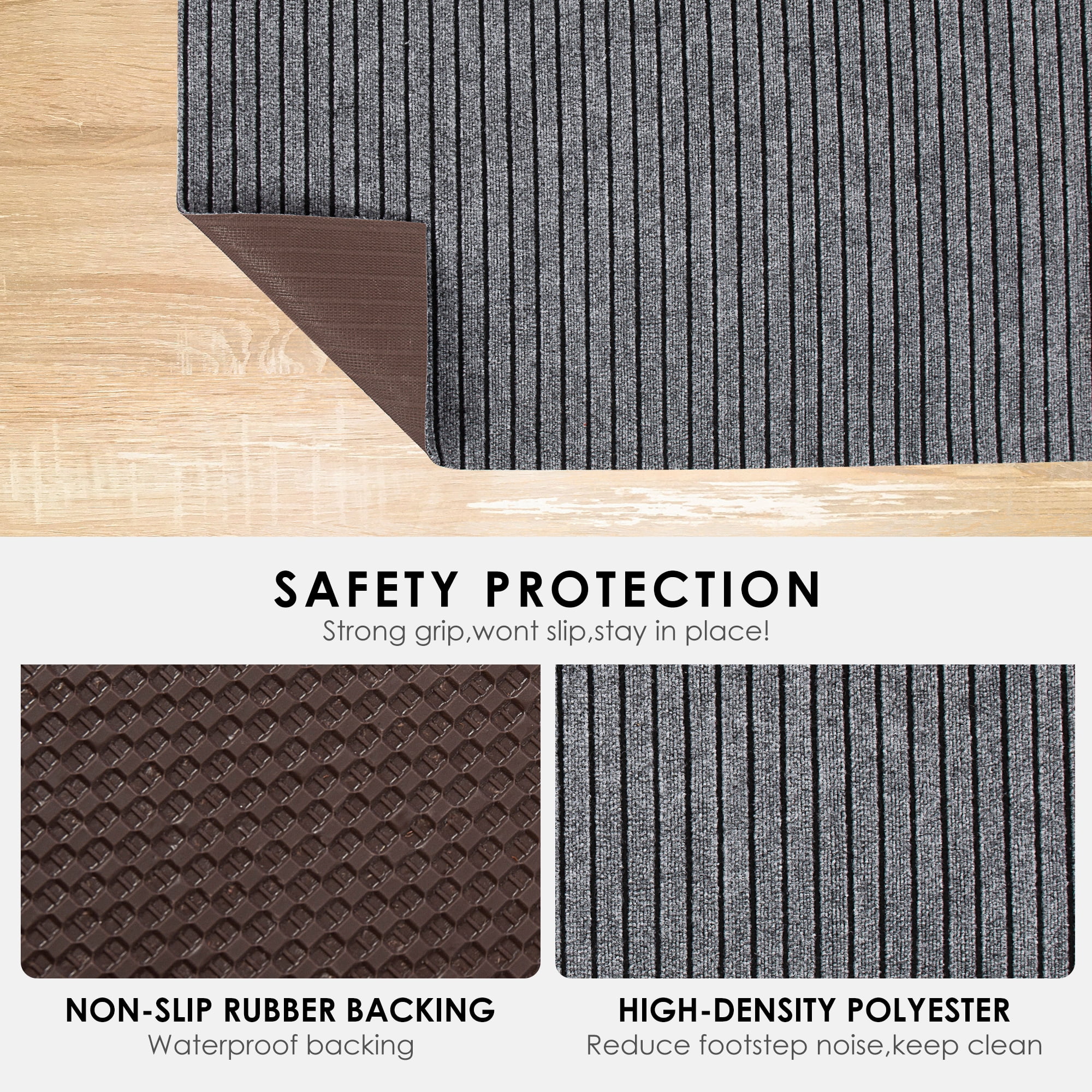 Koloko Runner Rugs Outdoor Indoor Non-Slip Area Rug Long Carpet Runners with Rubber Backing Mat Custom Size for Hallway Kitchen Entryway Garage, Grey Striped, 2' x 6'