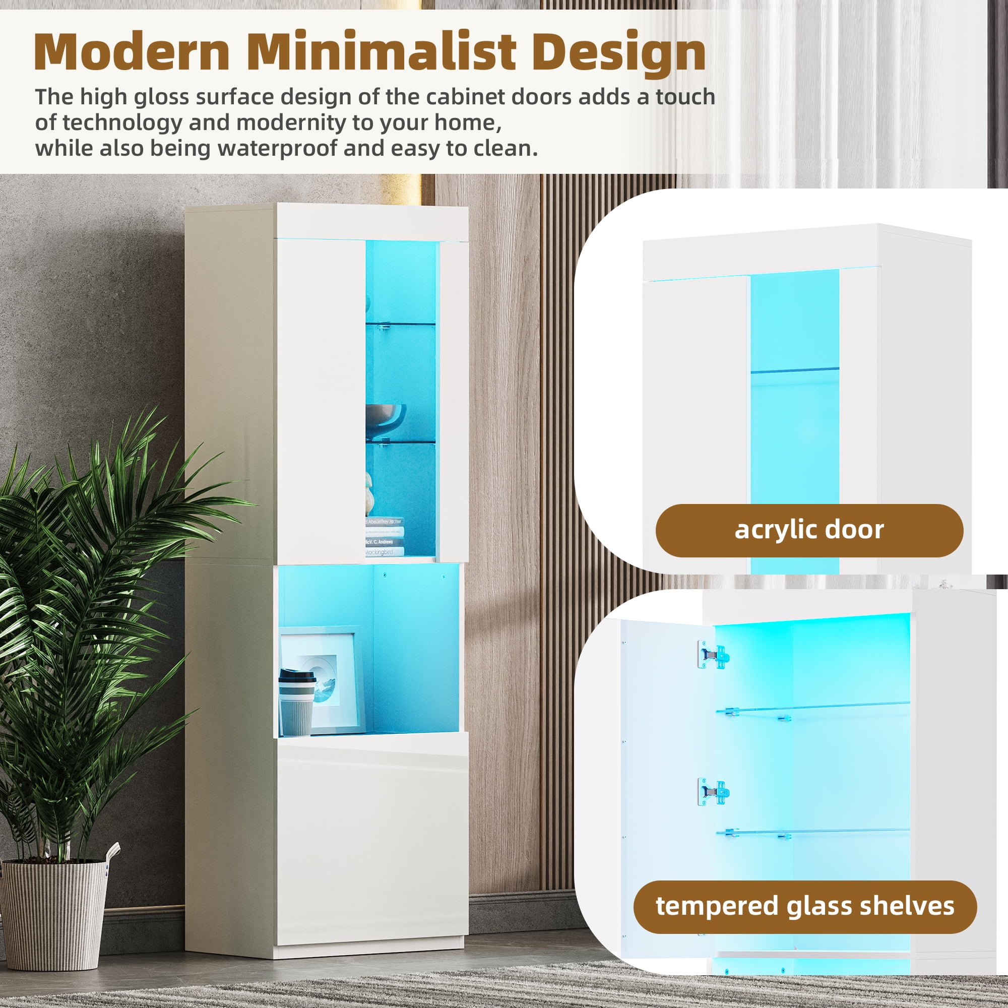 MAYEERTY High Gloss Storage Cabinet with LED Lights, 67" Tall Pantry Cabinet, Modern Bookcase & Display Cabinet, White