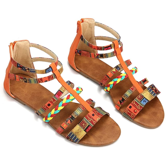 Sandalias planas para mujer, sandalias de verano, sandalias de vestir de gladiador, pantuflas de tobillo, correas tejidas, chancletas, tanga, zapatos de playa bohemios Adepaton WMZL-1678-5