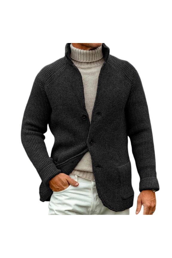 Men Knitted Cardigan Shawl Collar Button Down Long Sleeve Chunky Sweater Casual Warm Outerwear with Pockets Black L