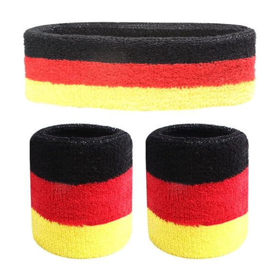 3Pcs Germany Flag Wristband Headband Set Sweat Absorbing Stretchy Sports Accessories For Running Gym Fan Events(Red-18.7Cm)