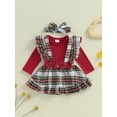 thumbnail image 2 of Suealasg 3Pcs Baby Girl Fall Clothes Flying Sleeve Romper +Plaid Print Suspender Skirt + Headband Set 3 6 12 18 24 Months Infant Girl Autumn Outfits, 2 of 7