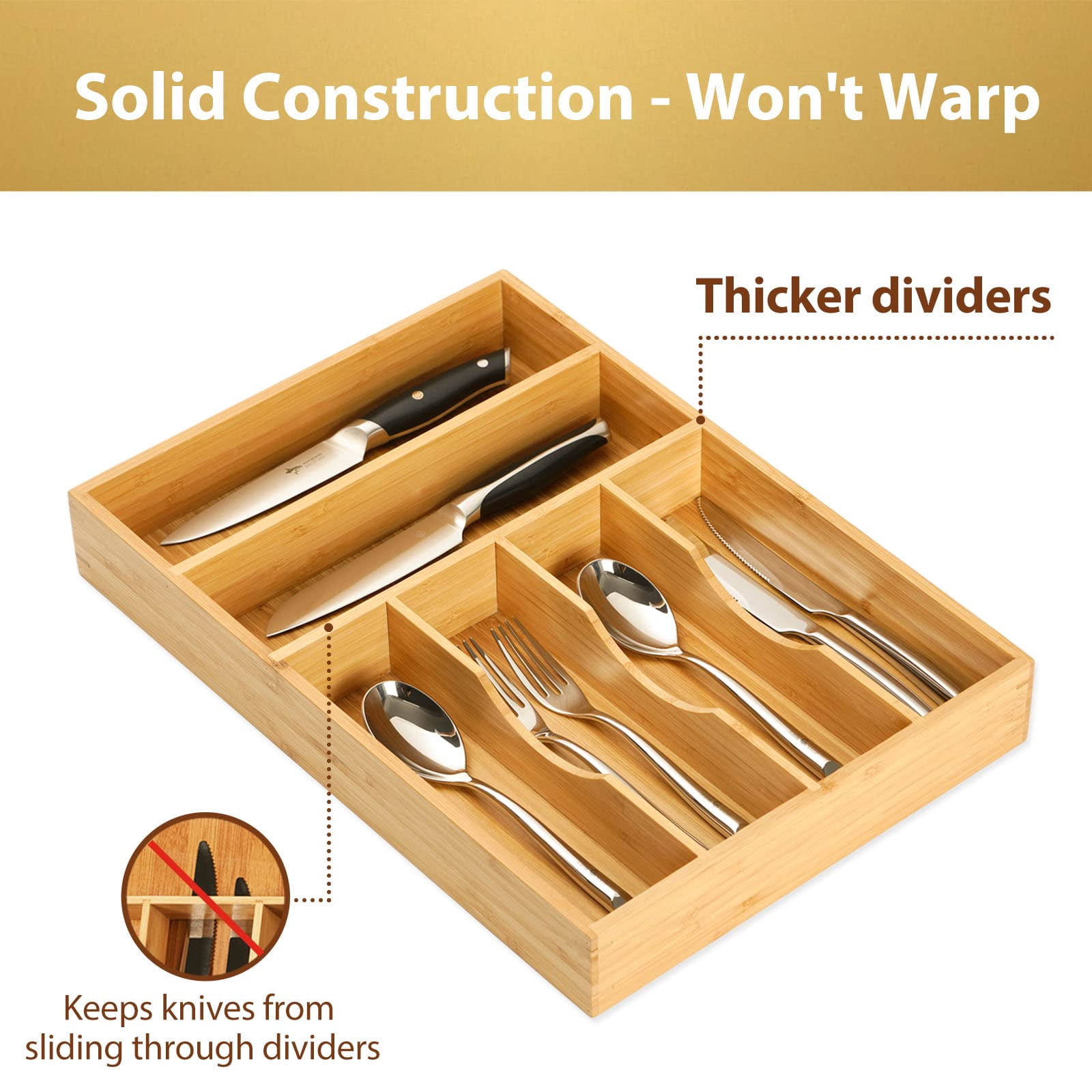 Kitchen Drawer Organizer Utensil Tray Holder, Extra Deep Bamboo Wood Caddy with Non-Slip Feet and Grooved Divider, 7 Slots for Flatware Cutlery Knives