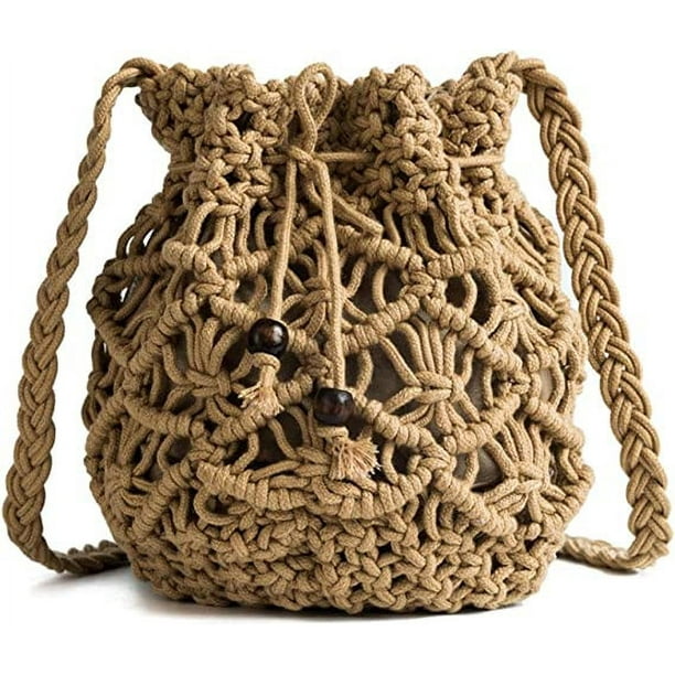 Xiao Hua Bolso de mano tipo cubo con cordón para mujer, bandolera de paja tejida, bolso de playa