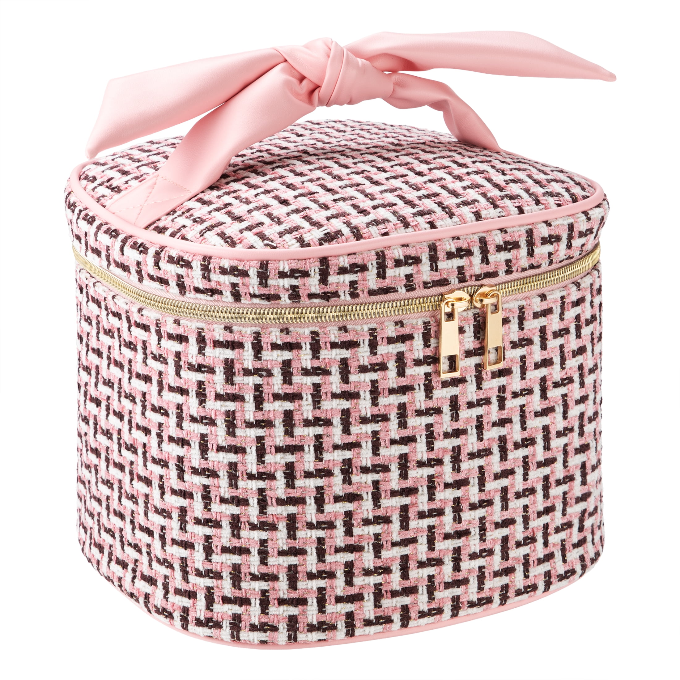 Tweed Cosmetic Bag with Zipper, Pink/Black/White, 9" x 10"