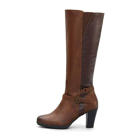 

Mysoft Women Knee High Boots Brown Female Wide Calf Chunky Heel Boots