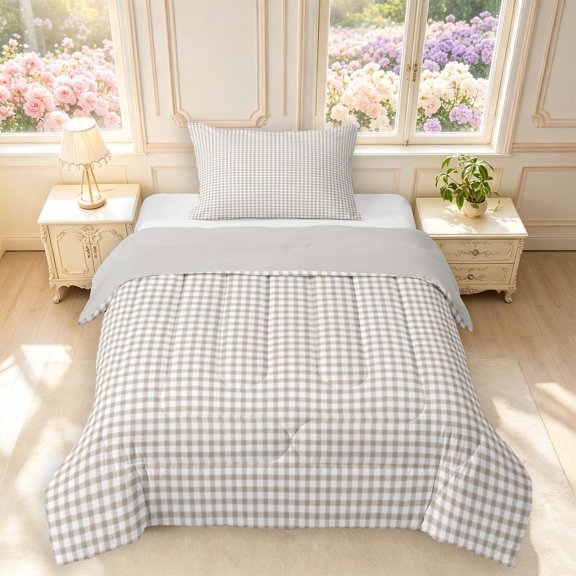 Manfei Rustic Grid Twin Comforter Sets,Modern Check Bedding Set,Cream White,Light Gray Reversible,2-Piece,1 Comforter and 1 Pillowcase,2-Piece,1 Comforter and 1 Pillowcase