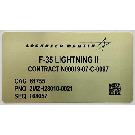 Reproduction Lockheed Martin F-35 Lightning II Data Plate DPL-0128