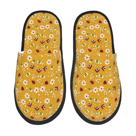 Balery Bees And Ladybug Slient Indoor Furry Fleece Comfort House Shoes Soft Non-Slip Home Shoes Cotton slippers House Slippers-- Large