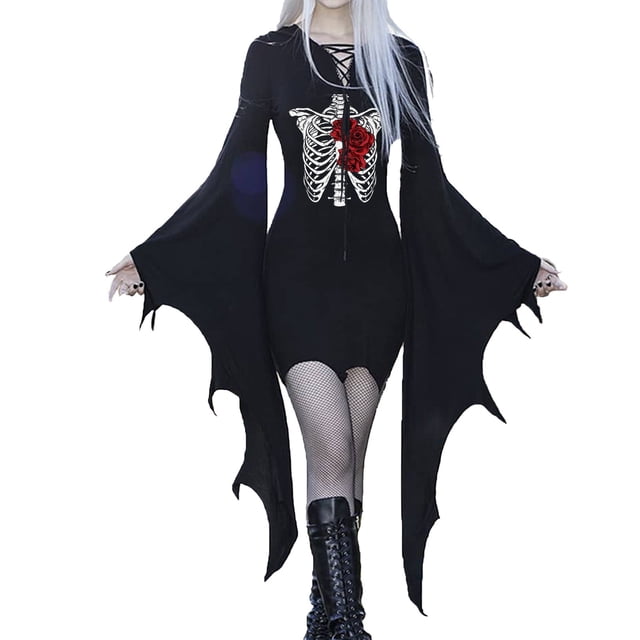 Vestido gótico de alas de murciélago negras para mujer con estampado de corazones, disfraz de Halloween, ropa de fiesta, moda gótica