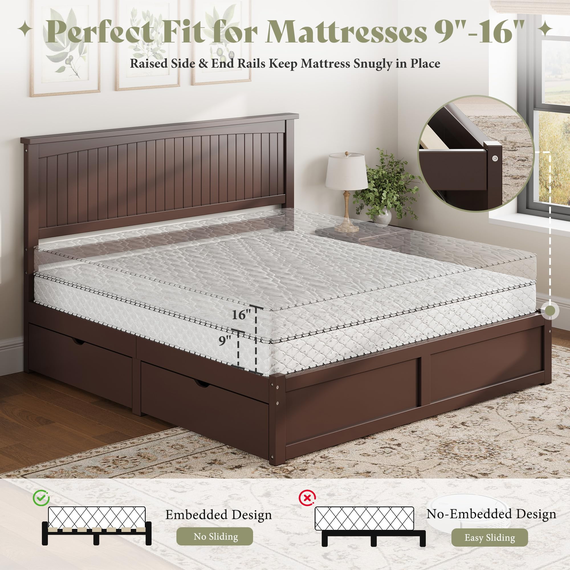 Amerlife Queen Size Solid Wood Bed Frame with 50" Tall Headboard, Mid-Century Modern Bed with, Wooden Platform Bed with 2 Drawers, Espresso