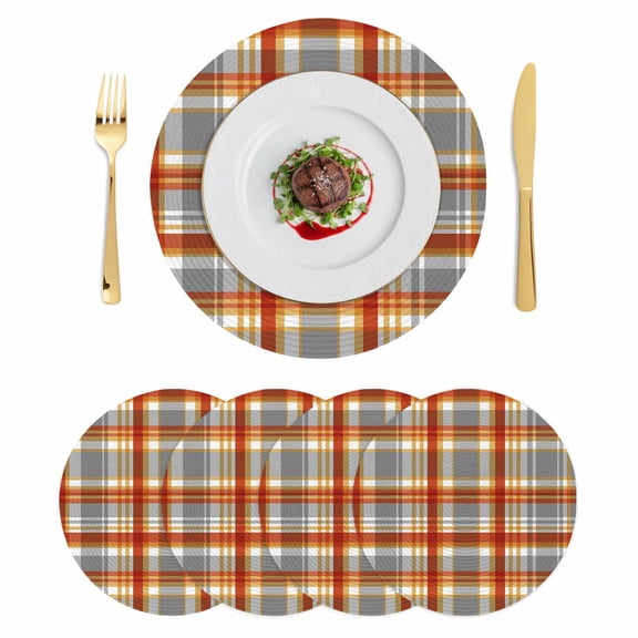 Vintage Plaid Round 15 Inch Placemats Set of 4, Autumn Orange Red Grey Checkered Farmhouse HeatResistant Non Slip Place Mats for Dining Table, Wipeable Braided Kitchen Table Mats for Housewarming