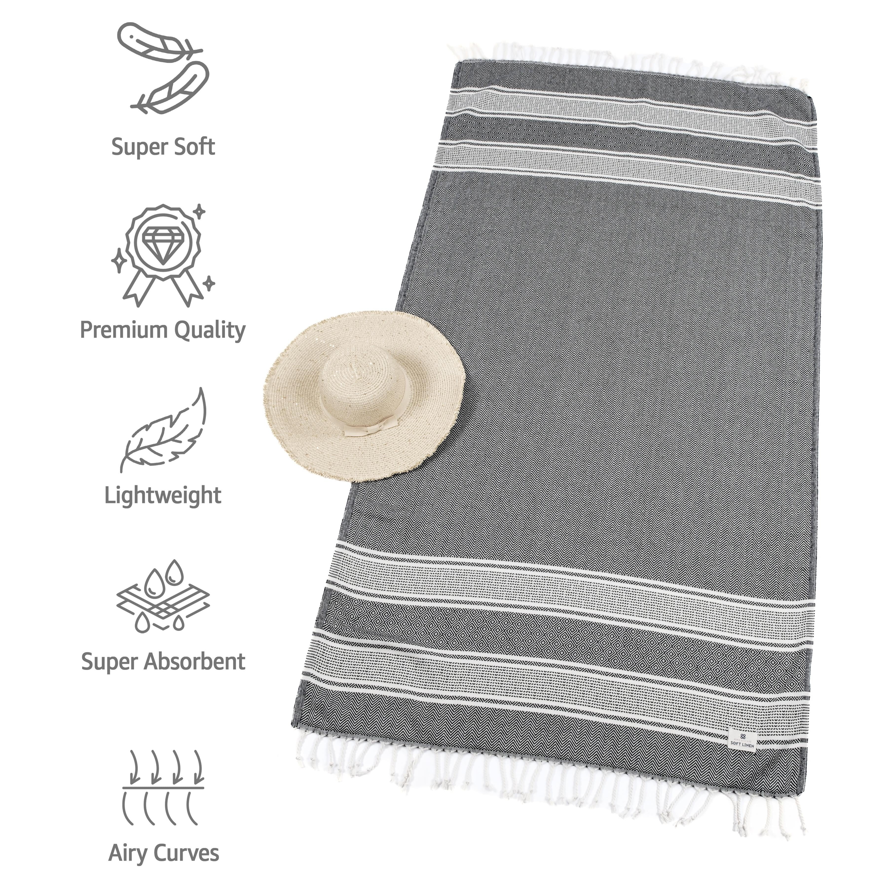 American Soft Linen Turkish Peshtemal Beach Towels, 35" x 65" size 4 Pack Swim Towels for Beach and Pool Towels, Black Stripe