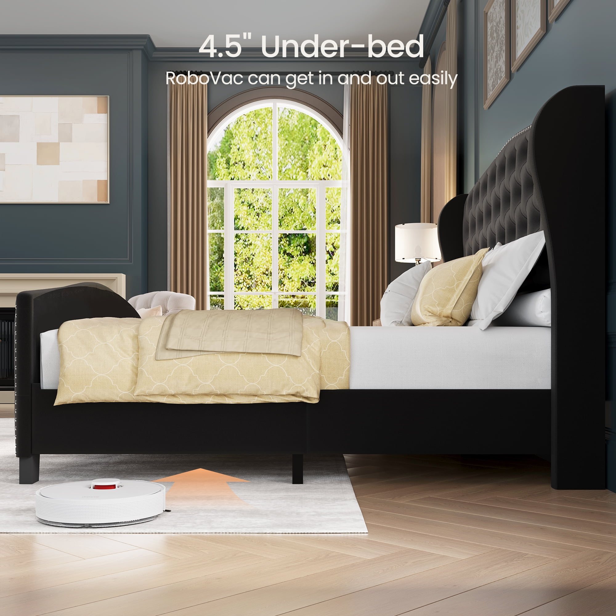Breltam Queen Size Bed Frame Velvet Upholstered Platform Bed with Wingback Headboard, Dark Grey