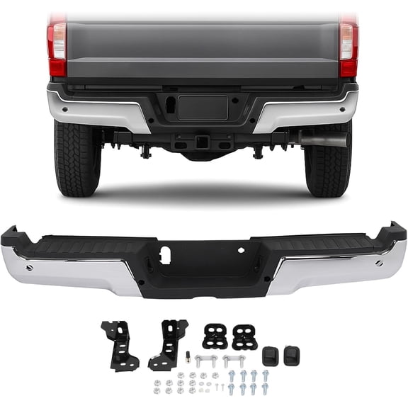 KOJEM Rear Step Bumper Assembly Compatible with 2017-2022 Ford F-250 F-350 Super Duty w/Park Assist Hole Replace for FO1102385 HC3Z17906LPTM Back Bumper Plastic Steel Powder Coated Silvery Black