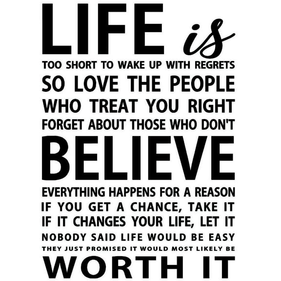 VWAQ Life Is Too Short To Wake Up With Regrets Vinyl Wall Decal Inspirational Quotes -18092 (22" H X 15.5" W)