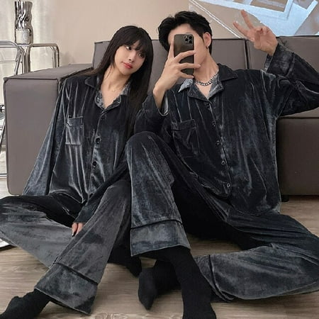 

DanceeMangoo Autumn Winter Flannel Mens Pajamas Set Solid Warm Golden Velvet Women Sleepwear Couple Pajama Sets Sleep&Lounge Home Clothes