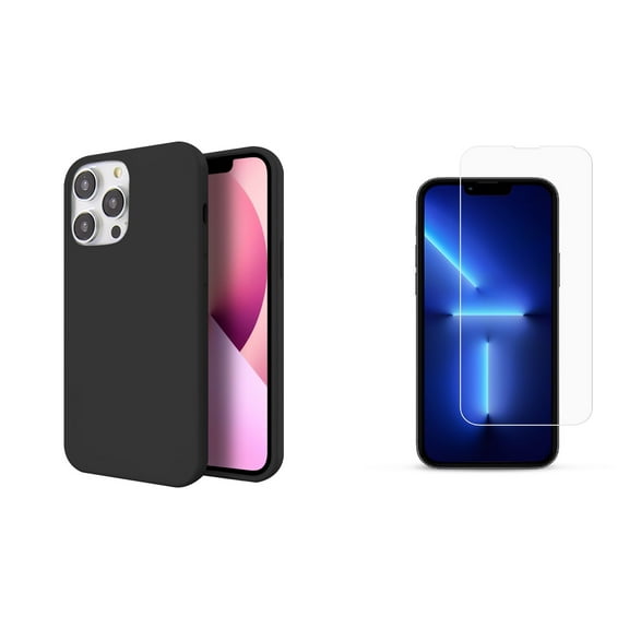 Slim Silicone Case and Glass Screen Protector for iPhone 14 Pro Max - Black