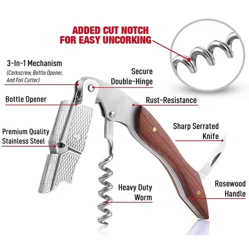 Wine Opener Corkscrew Bottle Waiters Key With Foil Cutter Double Hinged Wood