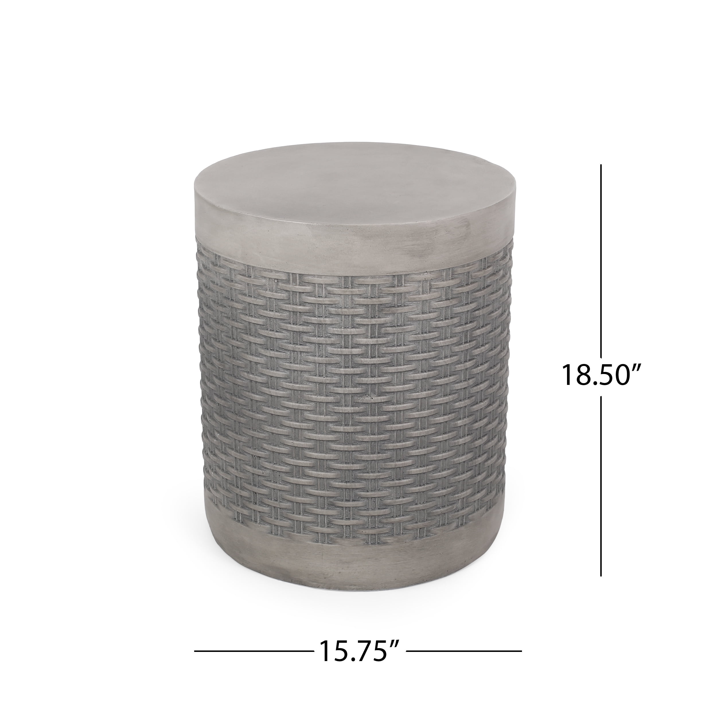 Outdoor Round End Table, Lightweight Concrete with Basket Weave Pattern for Patio Garden, White