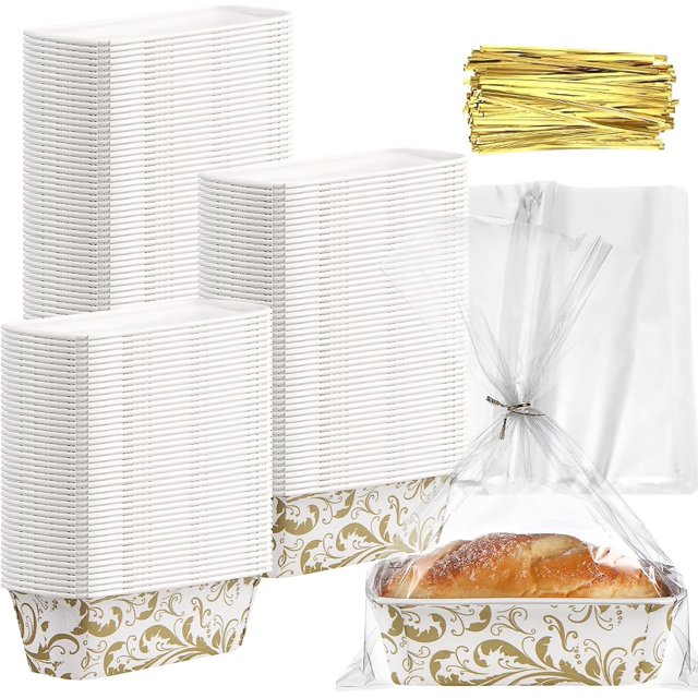 100 Pcs Paper Loaf Pans Mini Bread Loaf Pans Disposable Kraft Paper Baking Pan with Clear Packing Bags and Ties 6.3 x 2.2 x 2.2 Inch Loft Mold Small Cake Liners, Oven, Microwave & Freezer Safe