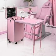 Byootique Nail Desk Mobile Station Rolling Makeup Train Case Manicure Table with Telescopic Handle, Pink