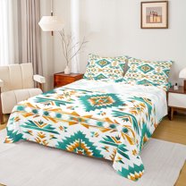 Manfei Vintage Aztec Print Queen Sheet Sets,Rustic Farmhouse Cabin Flat Sheet,White Cyan Orange Queen Fitted Sheet For Adults,Luxury Bedroom Decor,4 Pieces
