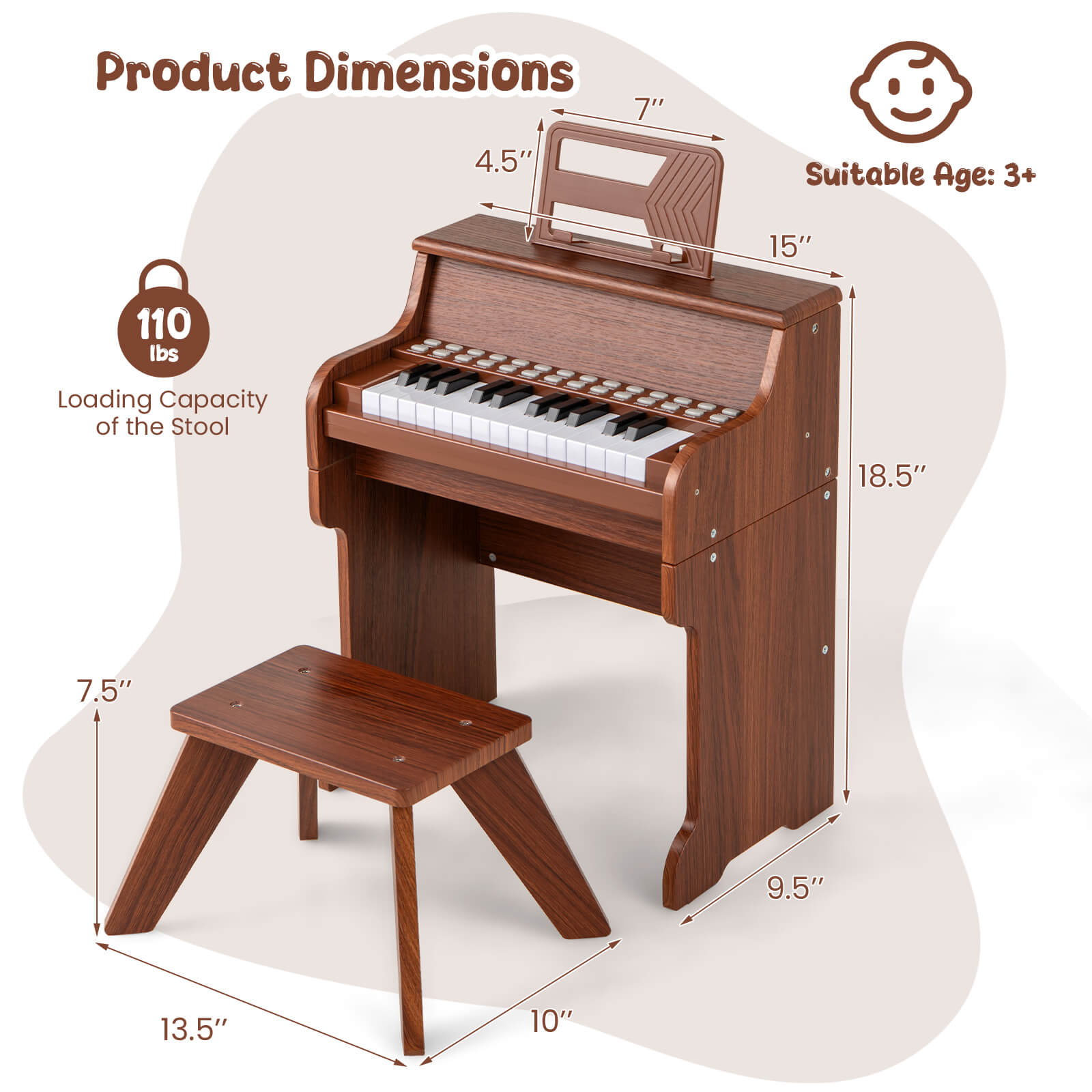 Costway 25 Keys Digital Piano with Music Stand Stool Lighted Keys Teaching Mode for 3+ Kids Brown