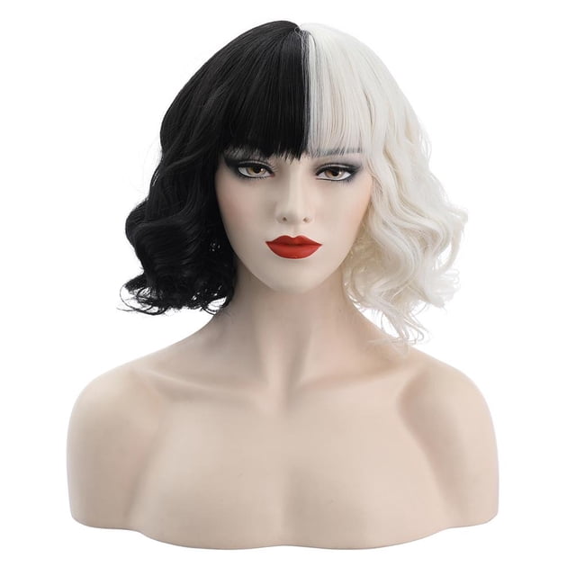 Pelucas De Cosplay Mitad Negra Y Mitad Blanca Peluca Rizada Corta Disfraz De Cosplay Accesorios Para Peinados Para Halloween Carnaval Y Fiesta Yuarrent HA038345-00