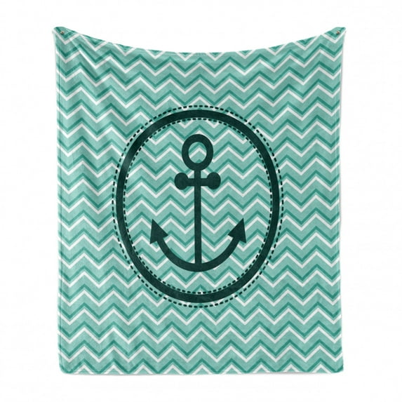 Anchor Soft Flannel Fleece Blanket, Horizontal Zig Zag Pattern Background Anchor Image Circle Shape Medallion, Cozy Plush for Indoor and Outdoor Use, 70" x 90", Dark Green Turquoise, by Ambesonne