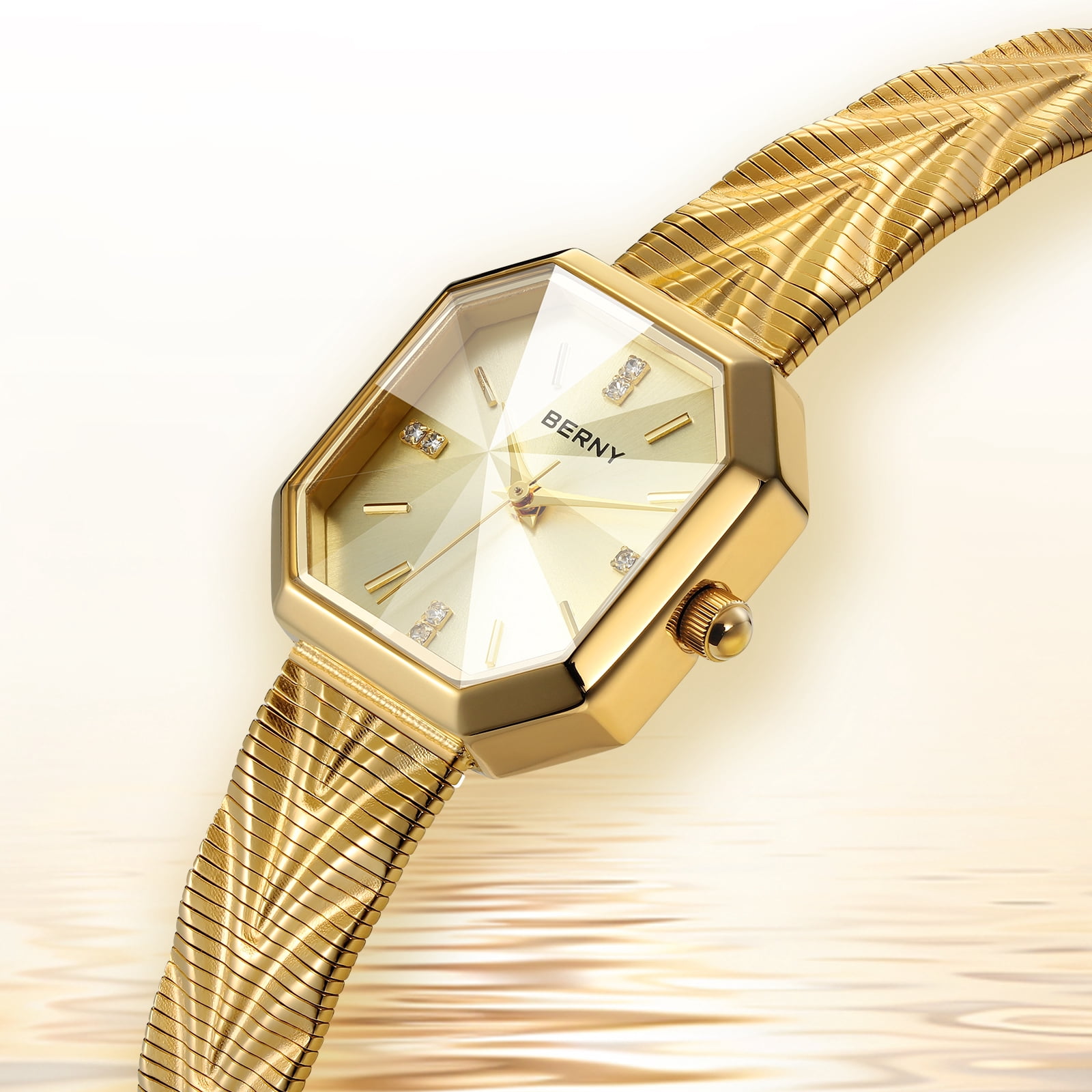 BERNY Small Gold Watches for Women, Dainty Luxury Diamond Dial, Stainless Steel Bracelet Watch, Fashion Ladies Analog Quartz Watch, Minimalist Waterproof Womens Wristwatch Gifts (Gold)