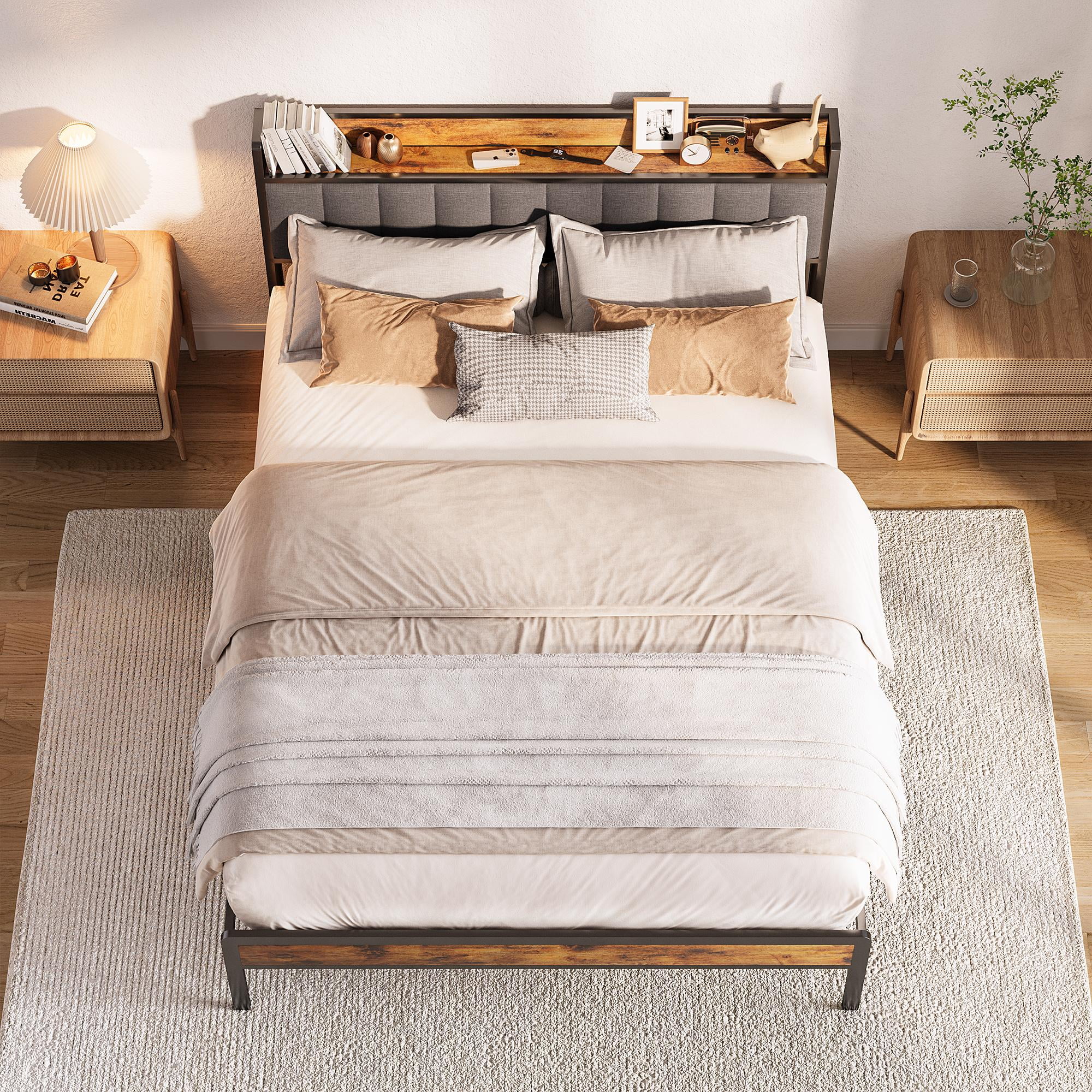 Queen Bed Frame with Headboard and Storage , Lofka Queen Bed Frame, No Box Spring Required, Noise Free,Dark Gray