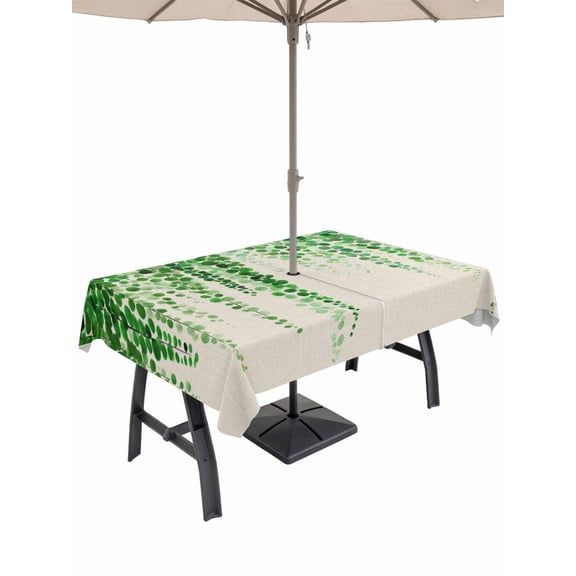 Outdoor Tablecloth with Umbrella Hole for Patio/Picnic/Party, Green Eucalyptus Leaves Waterproof Table Cloth Rectangle Table Cover Washable, Weeping Summer Botanical Watercolor Rustic (52"x 70")