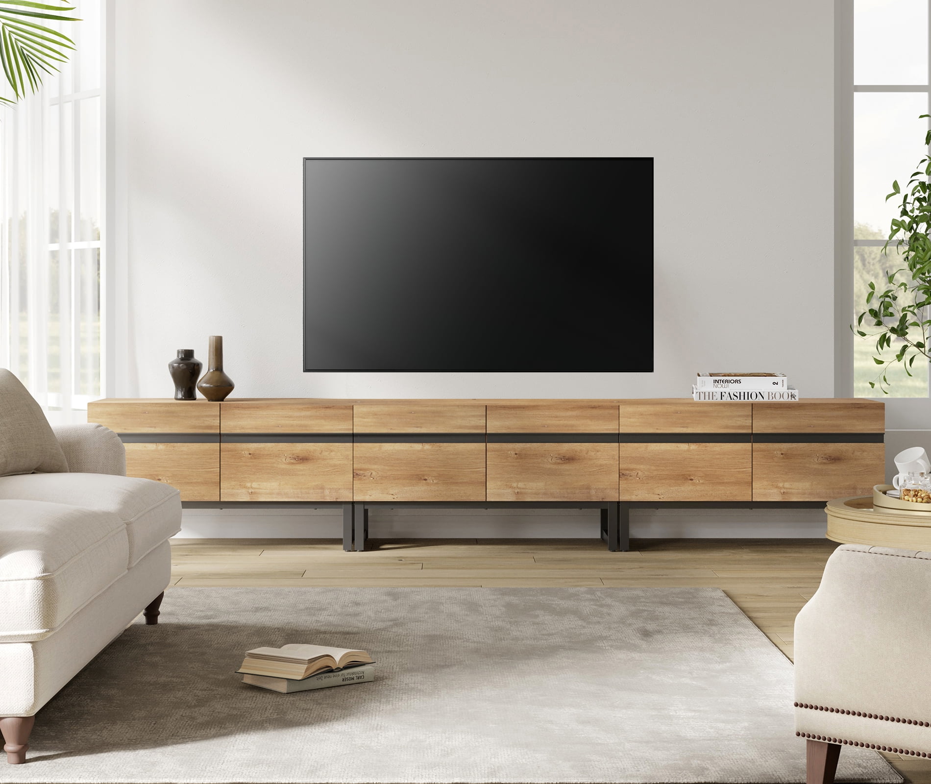 Modern 3-Piece Living Room Set, 106 Inch TV Stand And 2 End Table Sets With Drawers, Media Console with Storage Shelves, Sturdy Wood Frame & Metal Legs, Contemporary Furniture for Living Room,Oak