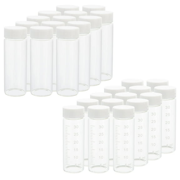 30ml Clear Small Glass Vials with Scale(14pcs) White Screwcap Liquid Sampling Sample Glass Bottles for Chemistry Lab Chemicals Pack of 28