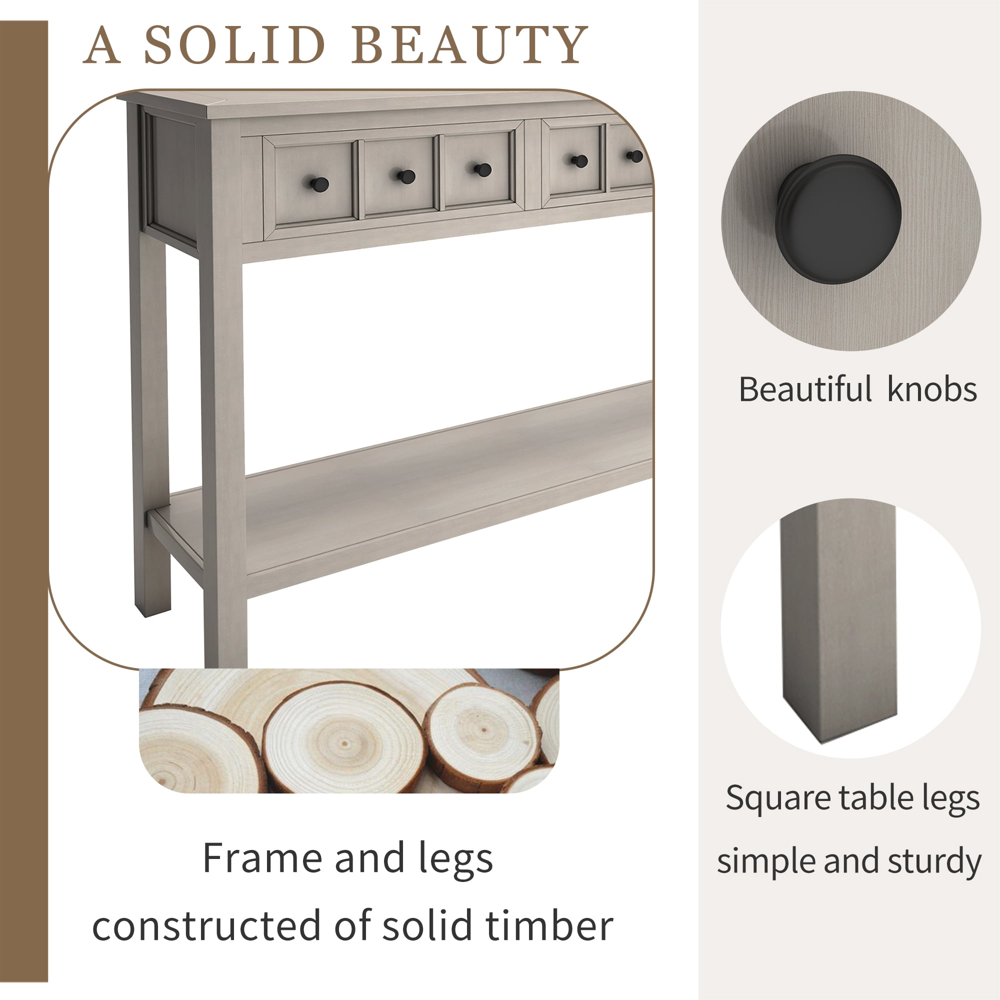 60in Entry Console Table with 4 Drawers and Bottom Open Shelf, Entryway Hallway Foyer Sofa Table, 220lbs Weight Capacity (Gray Wash)