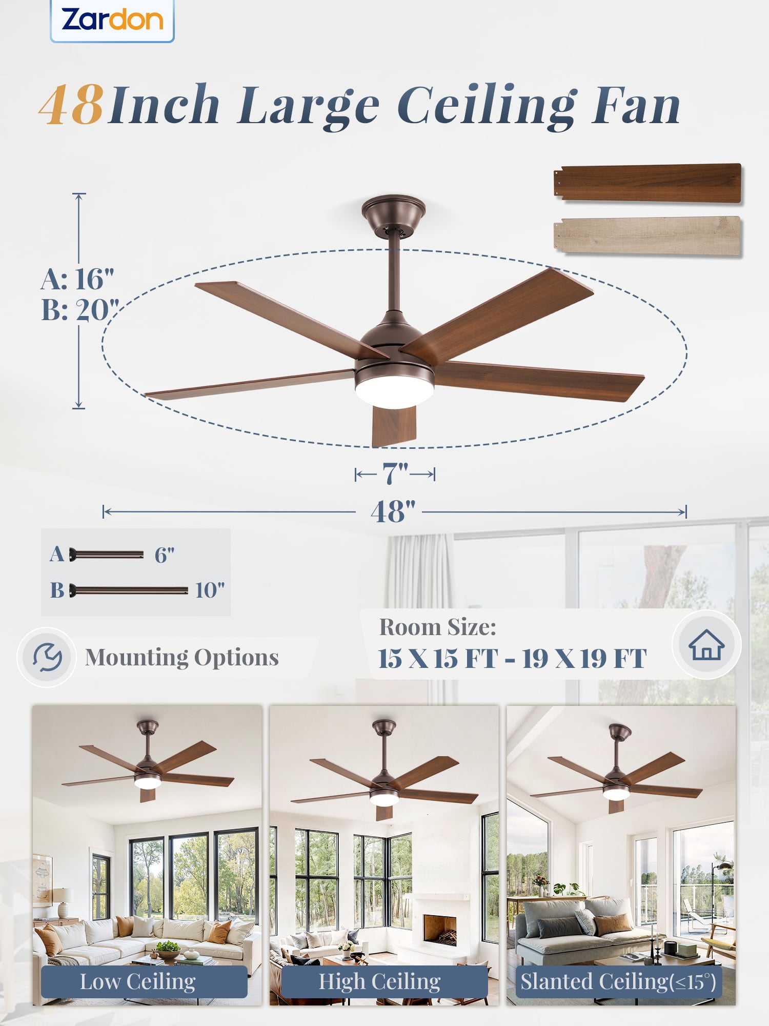 Zardon 48in Ceiling Fans with Light and Remote Control, Modern Flush Mount Ceiling Fans with 6-Speed for Indoor, Outdoor, Brown