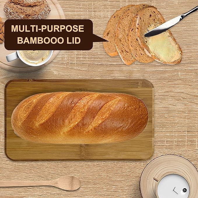 White Metal Bread Box with Bamboo Cutting Board Lid, Large Capacity Storage Organizer for Kitchen Countertop Home Use
