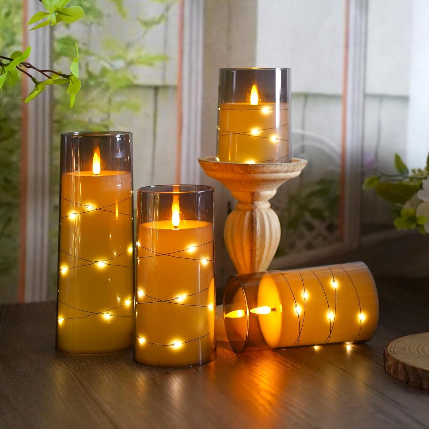 DICEEVIL 5 Pcs Flameless Candles with Embedded Star String, Battery Operated Candles Acrylic LED Pillar Candles with Timer and Remote, Flickering Candle for Romantic Ambiance Home Decoration (Grey)