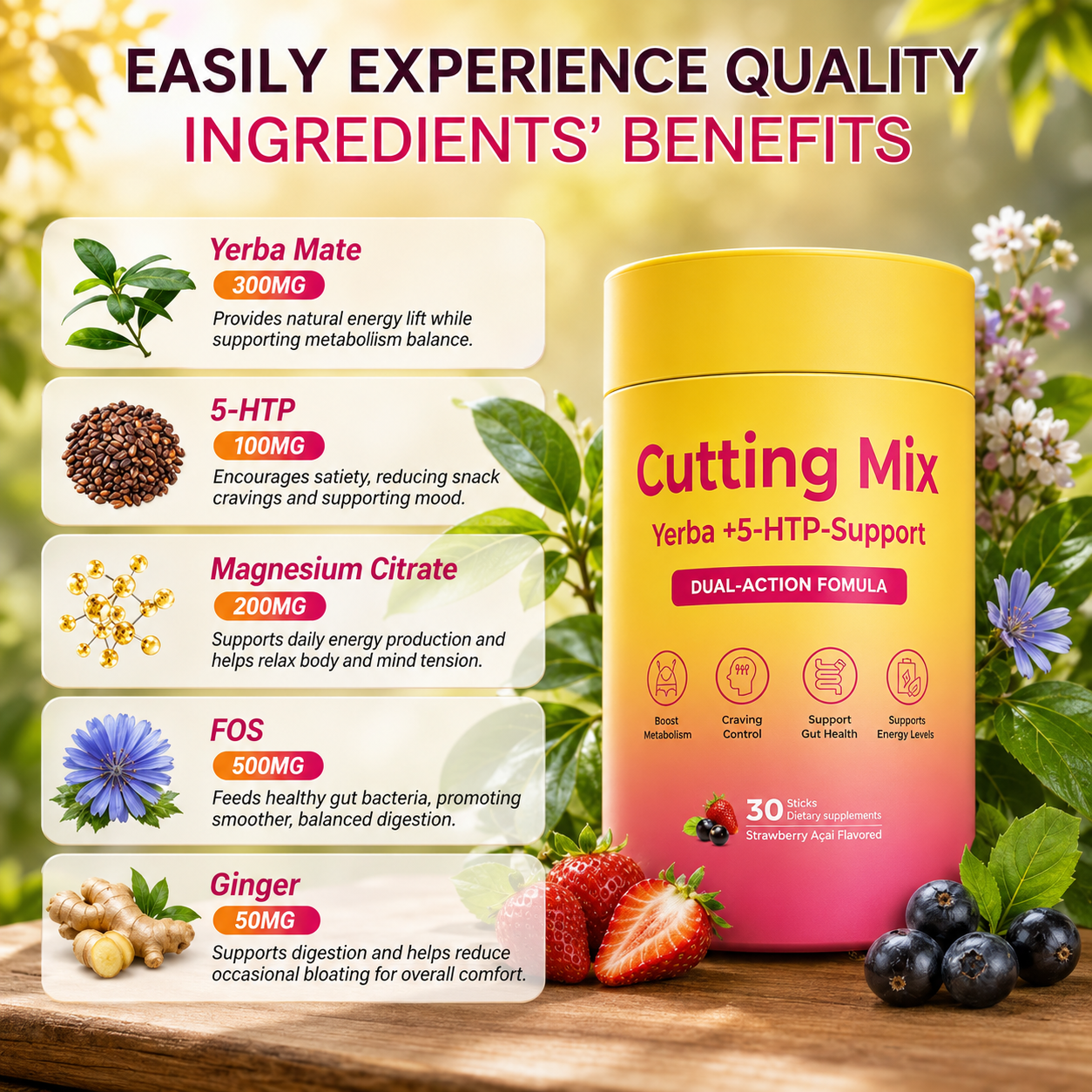 Cutting Drink Mix Strawberry Açaí Flavor Sticks | Daily Wellness Beverage Mix with Yerba Mate, FOS & Chromium | Sugar-Free Energy & Digestive Support Drink | Vegan & Non-GMO | 30 Stick Packs