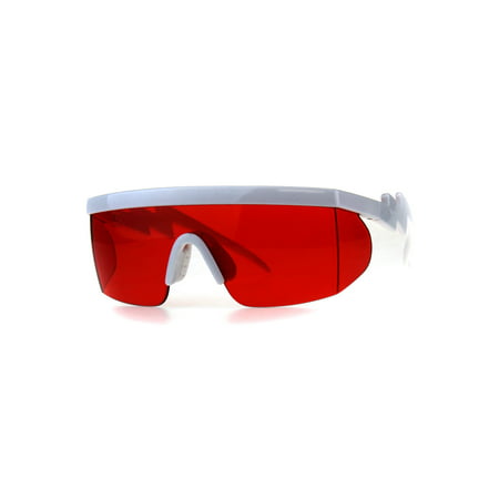 Flat Top Crooked Bolt Arm Goggle Style Pop Color Lens Shield 80s Sunglasses White Red