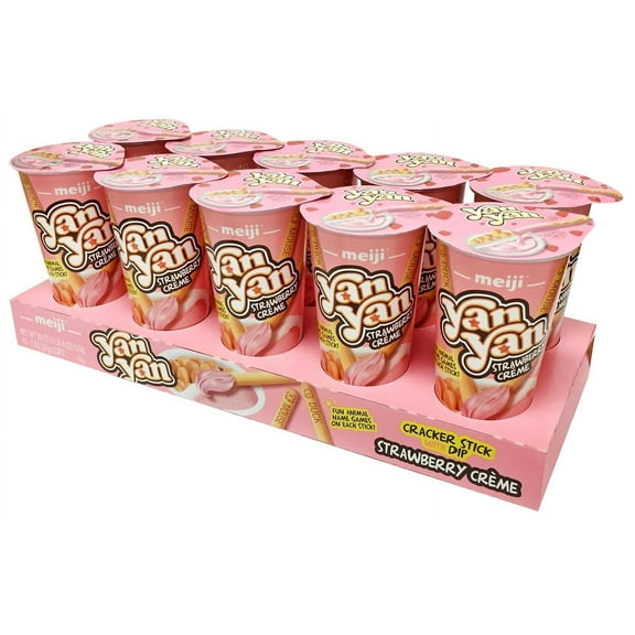 Meiji Yan Yan Dipping CM31 Sticks, Strawberry Crème - 2 oz, Pack of 10 - Cracker Sticks with Fun Animals Phrases
