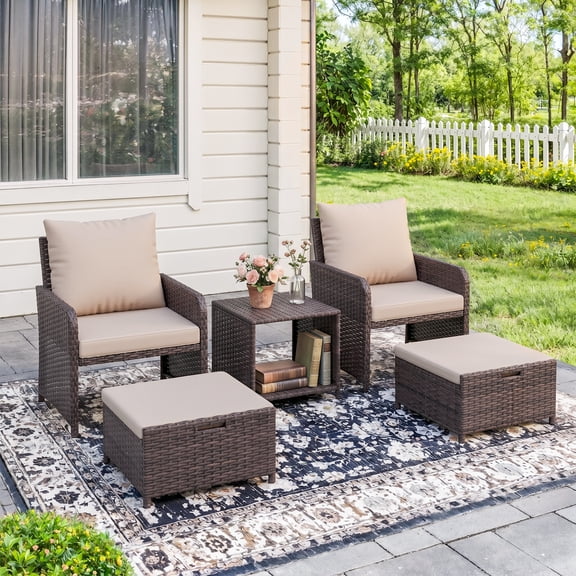 ELPOSUN 5 Piece Patio Furniture Set, Outdoor PE Wicker Chairs for Two with Ottoman Underneath,Beige