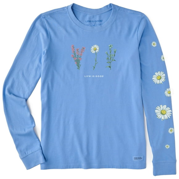 Life is Good Women's Detailed Wildflowers Long Sleeve Crusher Tee, Cornflower Blue, X-Large