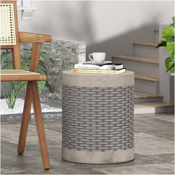 JERFIT Modern Outdoor Side Table, Lightweight Concrete Round End Table for Patio, Balcony, Garden & Poolside, Natural