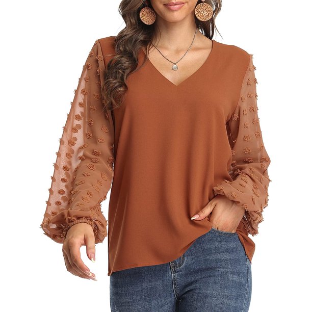 Blusa de gasa para mujer Swiss Dot Casual Cuello redondo Manga larga Pom Pom Camisas Tops XBTCLXEBCO Camello, Extra Grande